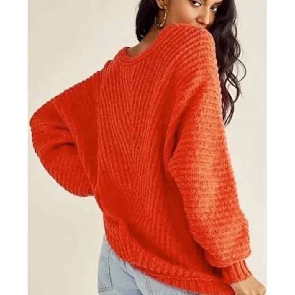 Free People Sunset V-Neck Sweater Women Large Red Chunky Oversized Slouchy Cozy